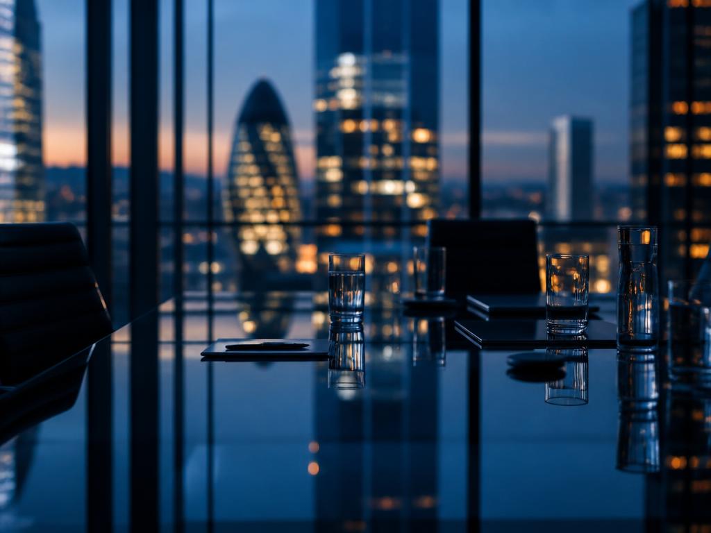 Modern London boardroom overlooking the City at dusk